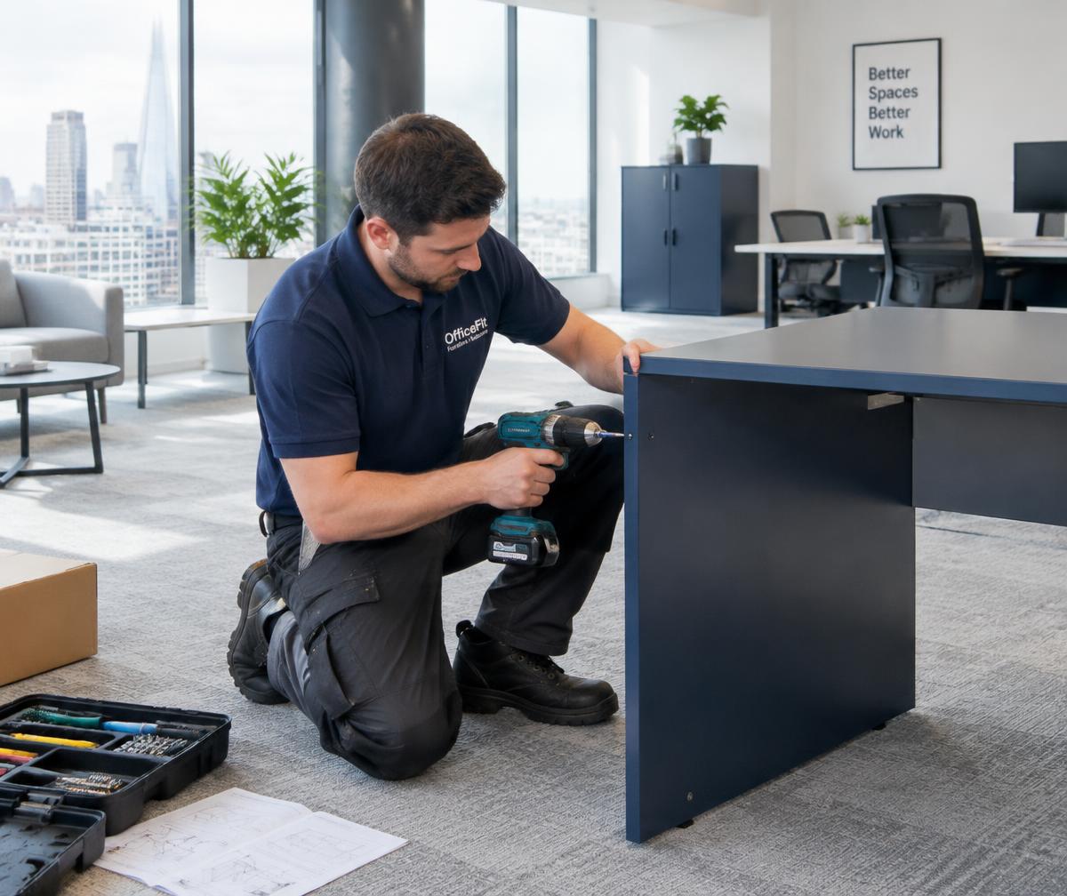 Monteur Installance assemblant un bureau dans un open space